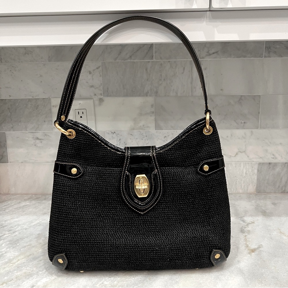Eric Javits Shenia Black Woven Patent Leather Detail Bag